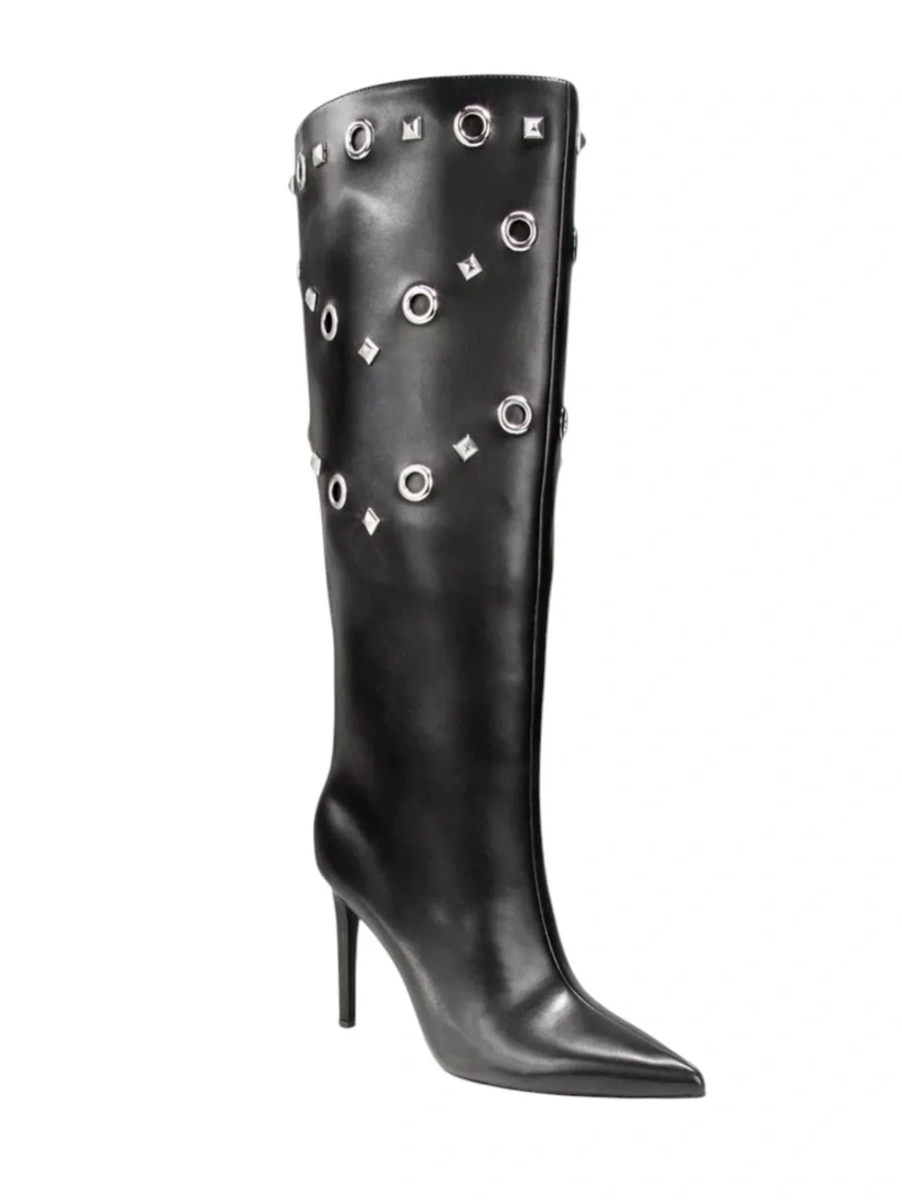 Black Knee-High Stiletto Boots with Silver Eyelet Detail